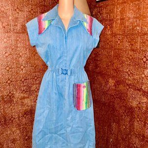 Vintage 70s Boho Serape Denim Dress Indian Blanket Soft Brushed Denim M/L